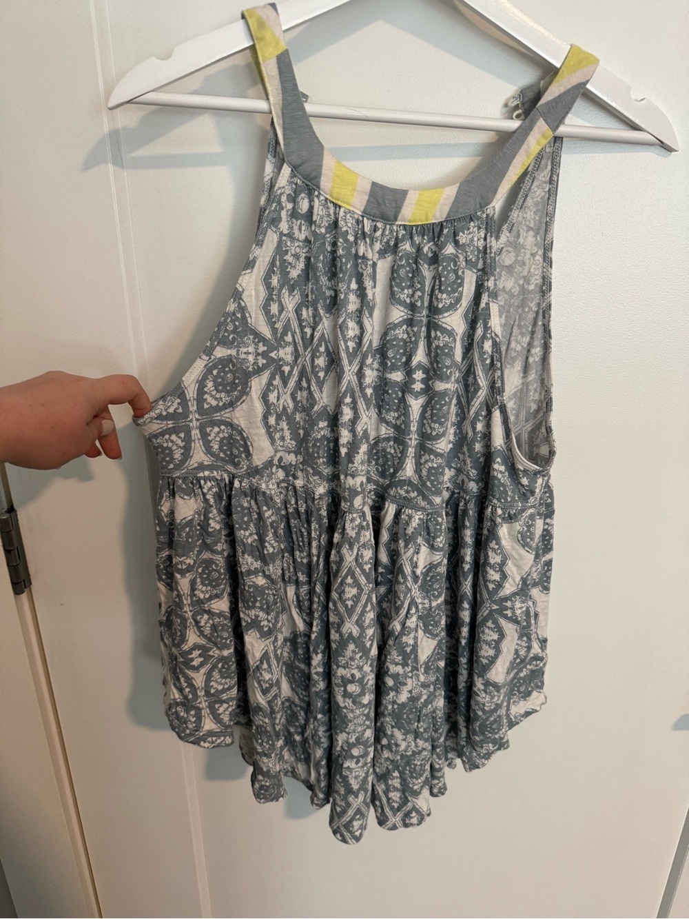 Free People Boho Print Sleeveless Tank Top – Blue & White with Yellow Accent